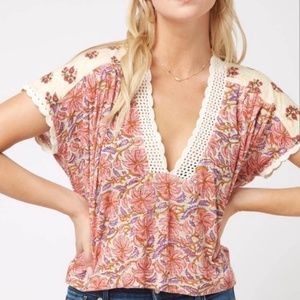 FP Leilani Floral Lace Crochet Cottagecore Floaty Jersey Cropped Babydoll Shirt